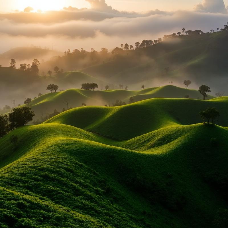 Misty green hills of Coorg at sunrise