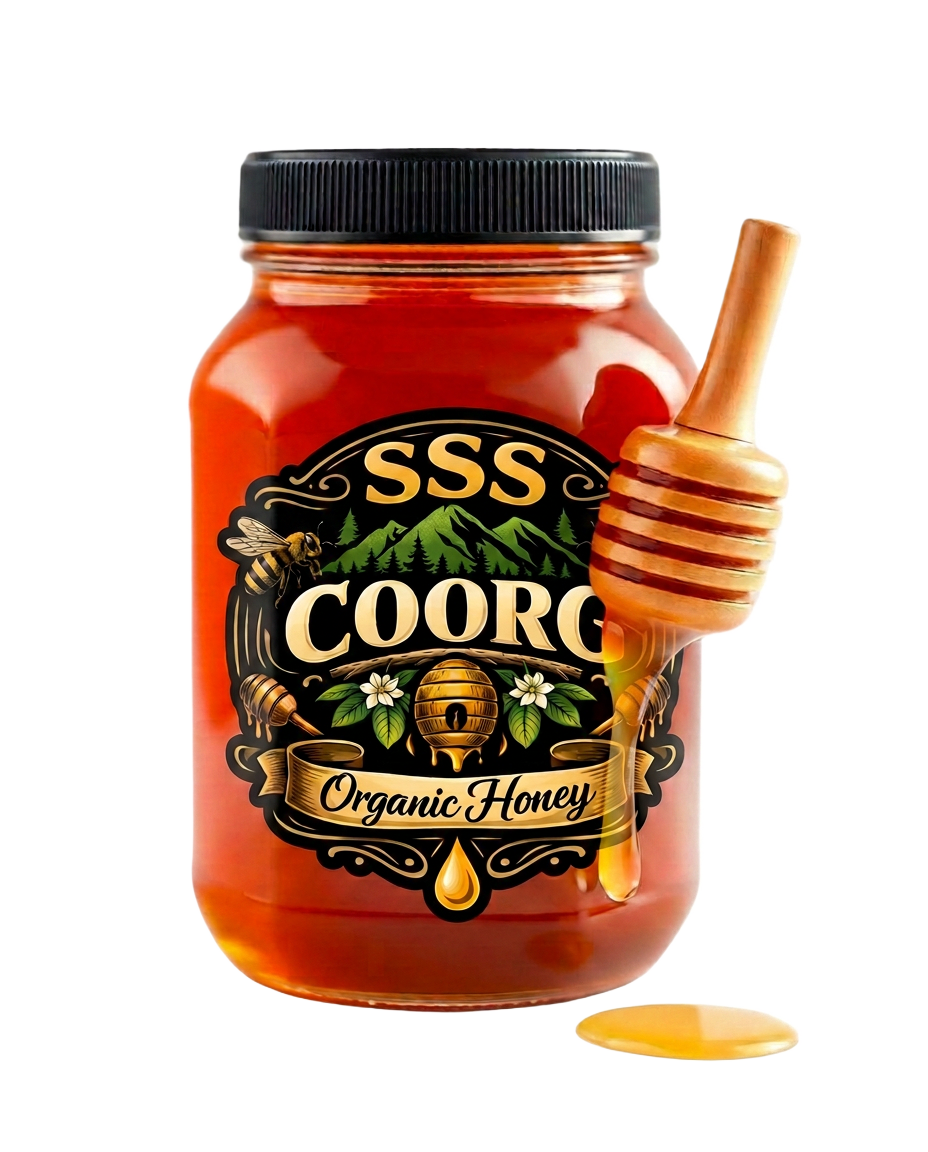 SSS Coorg Organic Honey jar with wooden dipper and dripping honey